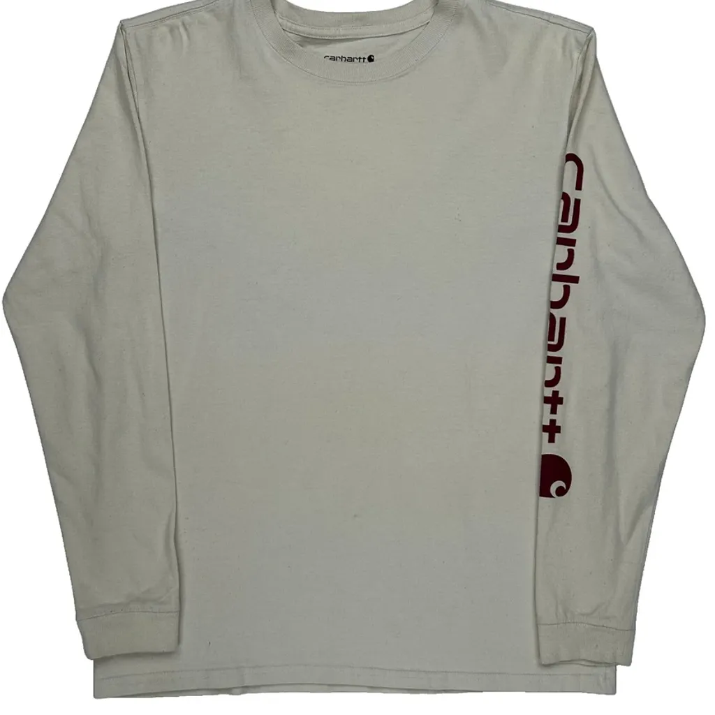 Loose Fit Carhartt Spellout Long Sleeve T-Shirt - Medium Cream Cotton - Image 4