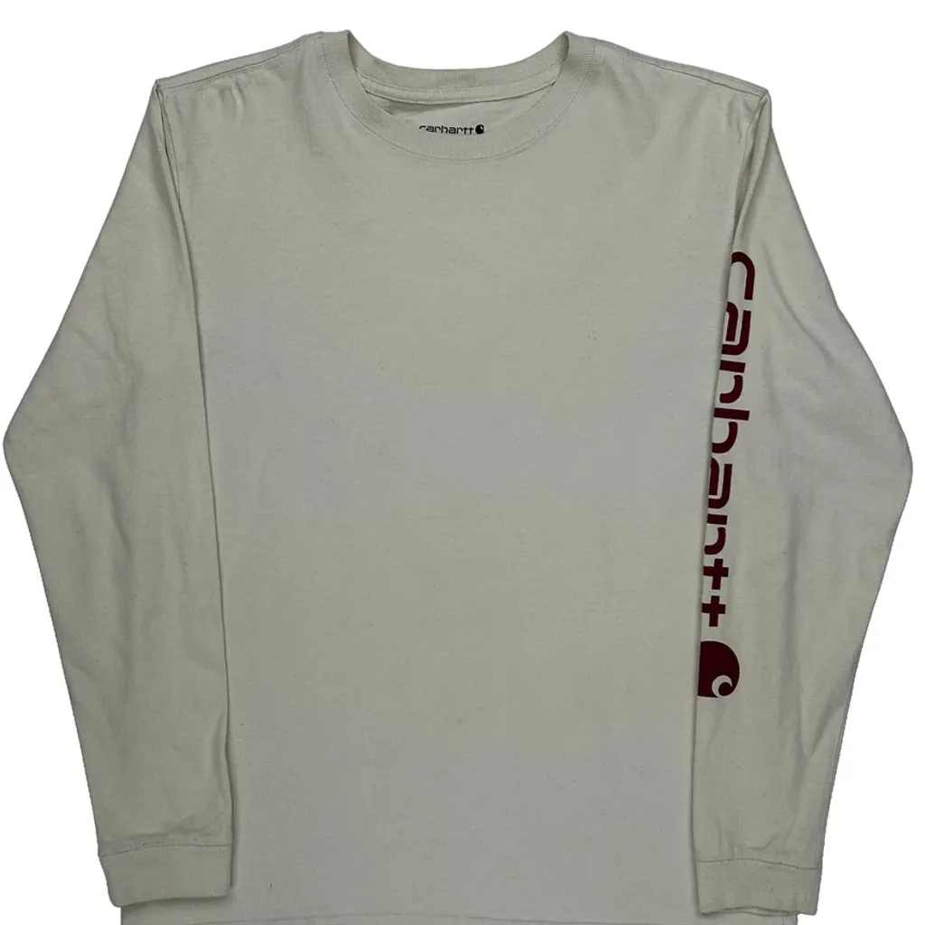 Loose Fit Carhartt Spellout Long Sleeve T-Shirt - Medium Cream Cotton - Image 5