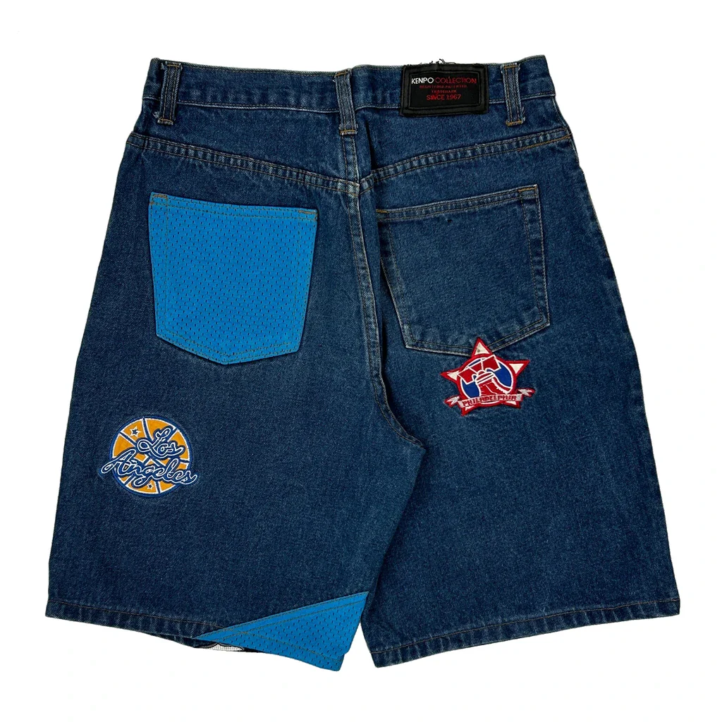 Los Angeles, San Antonio, Brooklyn, Detroit Kenpo Baggy Graphic Denim Shorts - 29W 11L Blue Denim