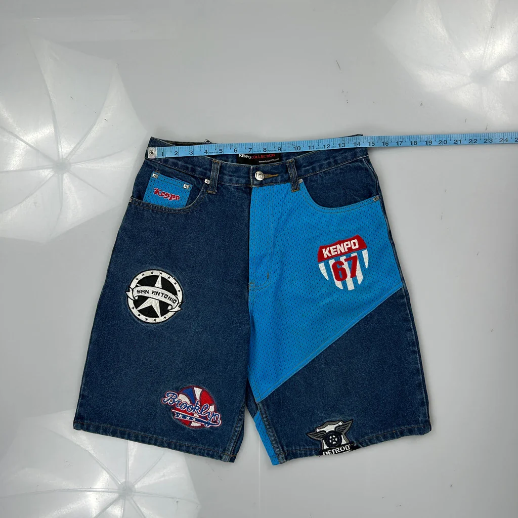 Los Angeles, San Antonio, Brooklyn, Detroit Kenpo Baggy Graphic Denim Shorts - 29W 11L Blue Denim - Image 3