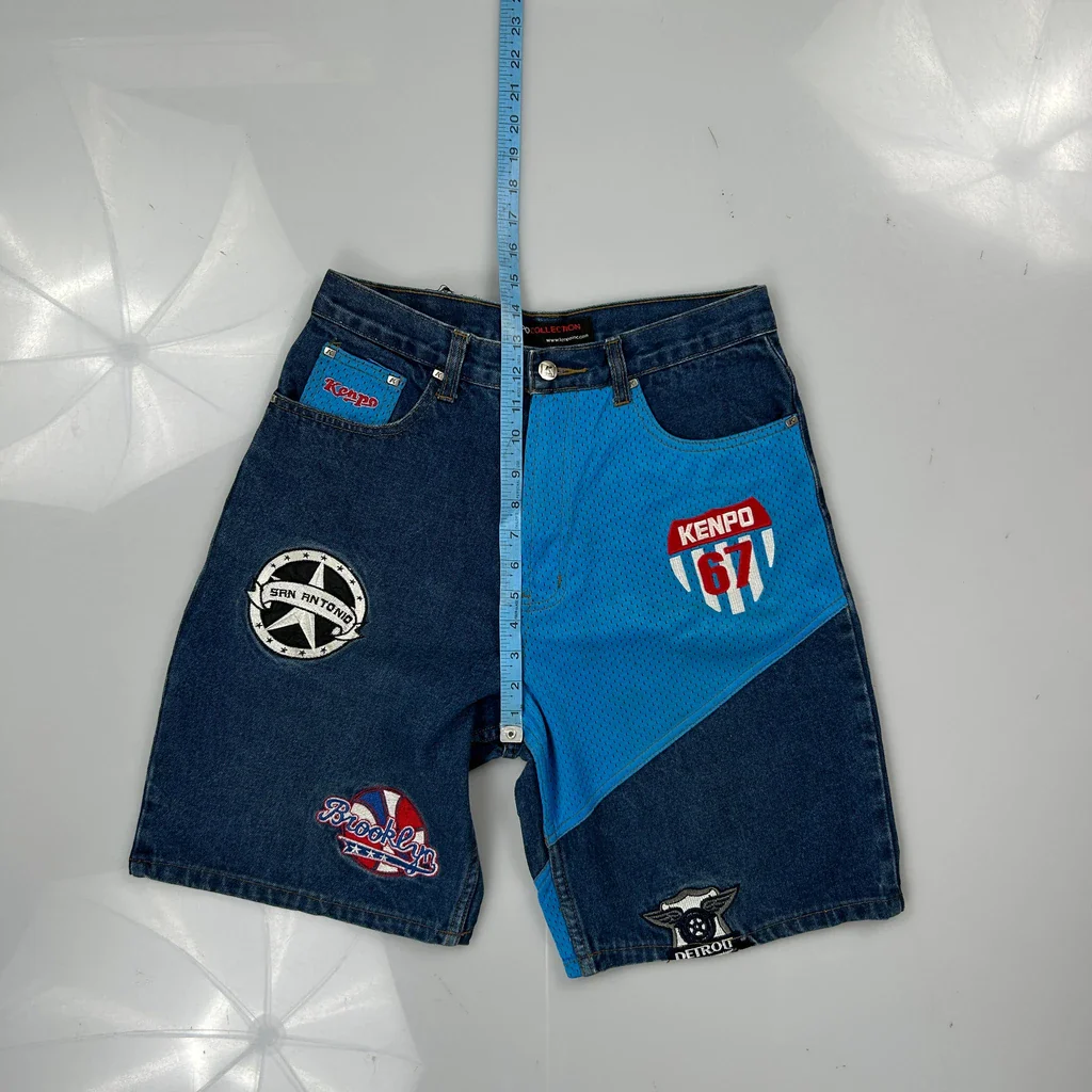 Los Angeles, San Antonio, Brooklyn, Detroit Kenpo Baggy Graphic Denim Shorts - 29W 11L Blue Denim - Image 4
