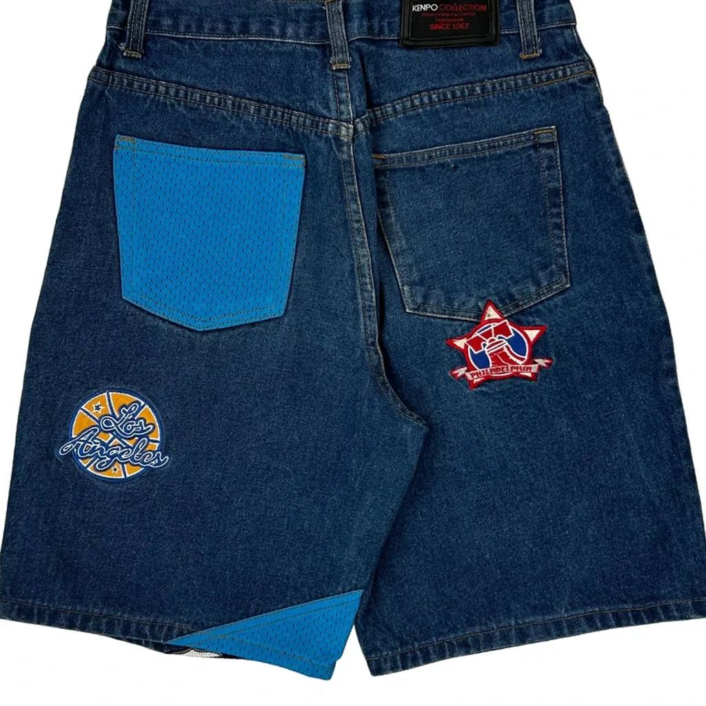 Los Angeles, San Antonio, Brooklyn, Detroit Kenpo Baggy Graphic Denim Shorts - 29W 11L Blue Denim - Image 7