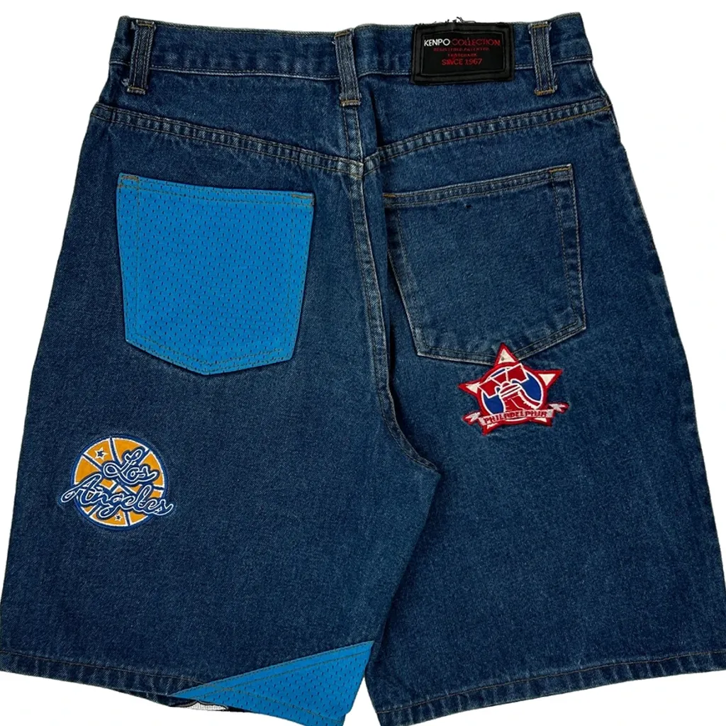 Los Angeles, San Antonio, Brooklyn, Detroit Kenpo Baggy Graphic Denim Shorts - 29W 11L Blue Denim - Image 8