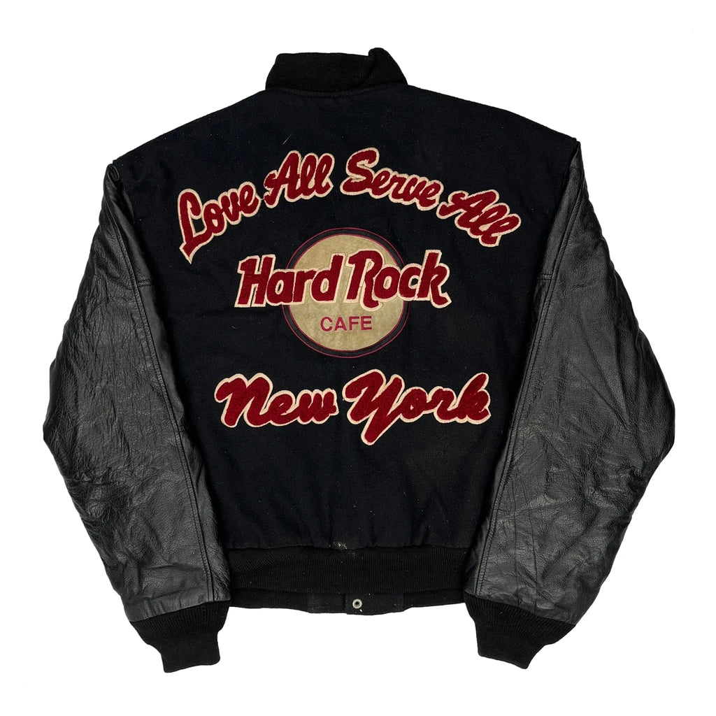 Love All Serve All Hard Rock Cafe New York Varsity Jacket - Small Black Leather - Image 2