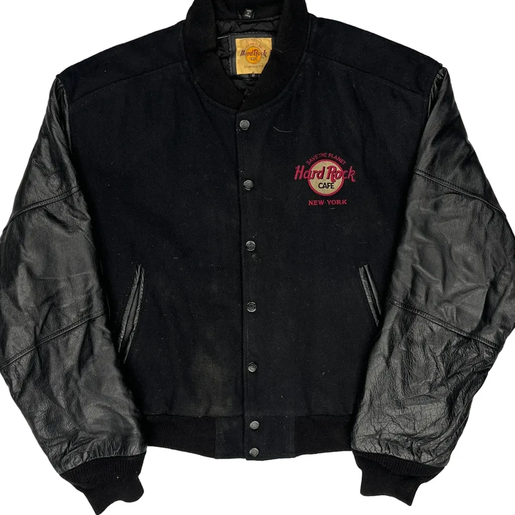 Love All Serve All Hard Rock Cafe New York Varsity Jacket - Small Black Leather - Image 4