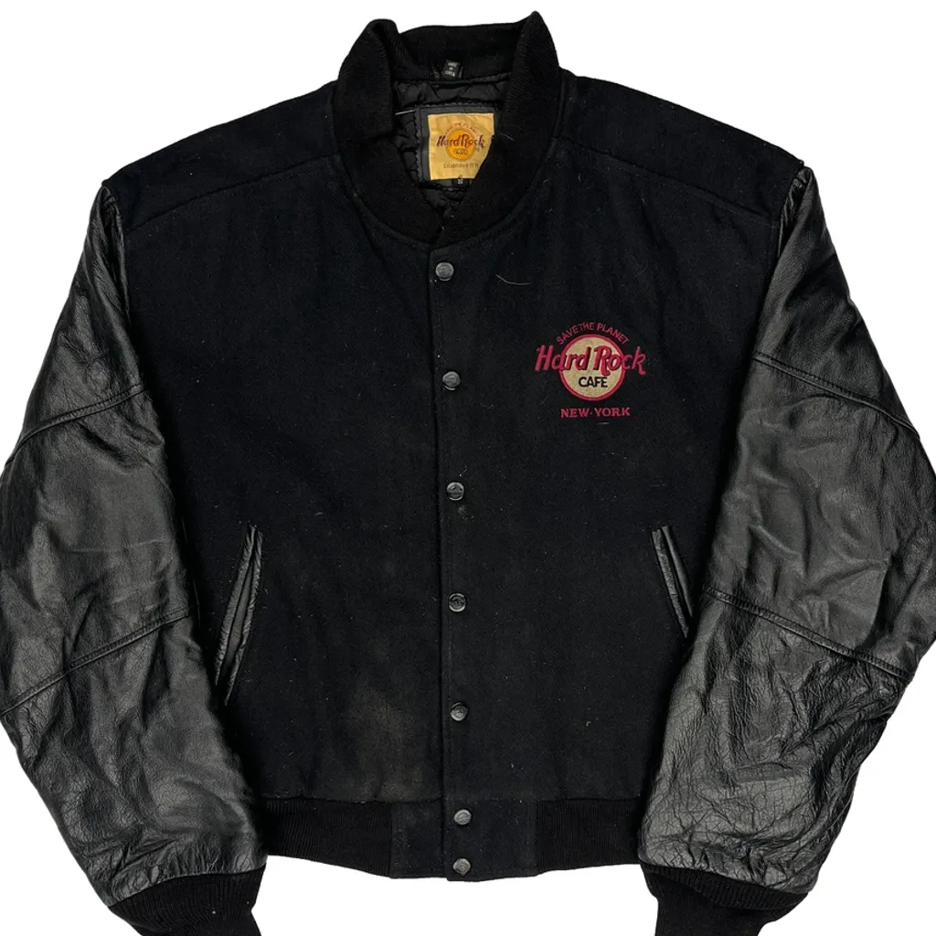 Love All Serve All Hard Rock Cafe New York Varsity Jacket - Small Black Leather - Image 5