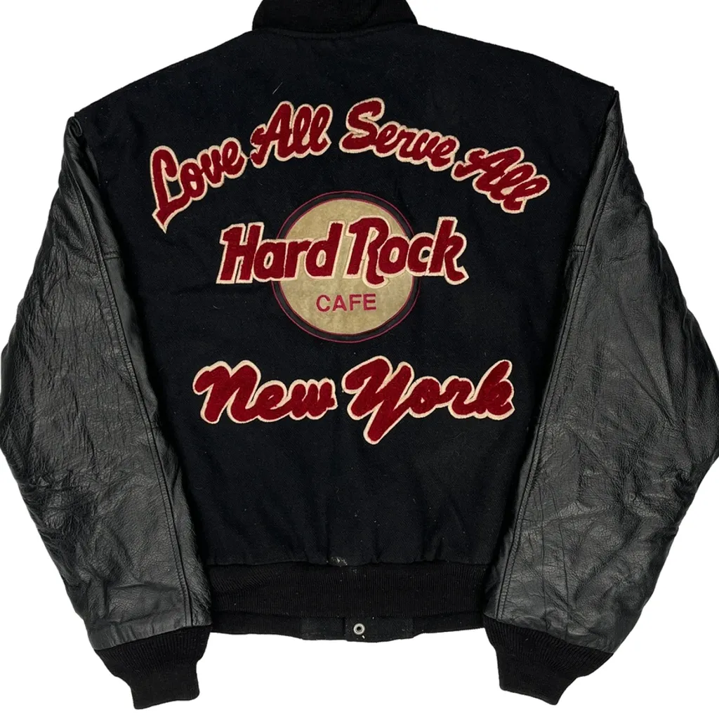 Love All Serve All Hard Rock Cafe New York Varsity Jacket - Small Black Leather - Image 6