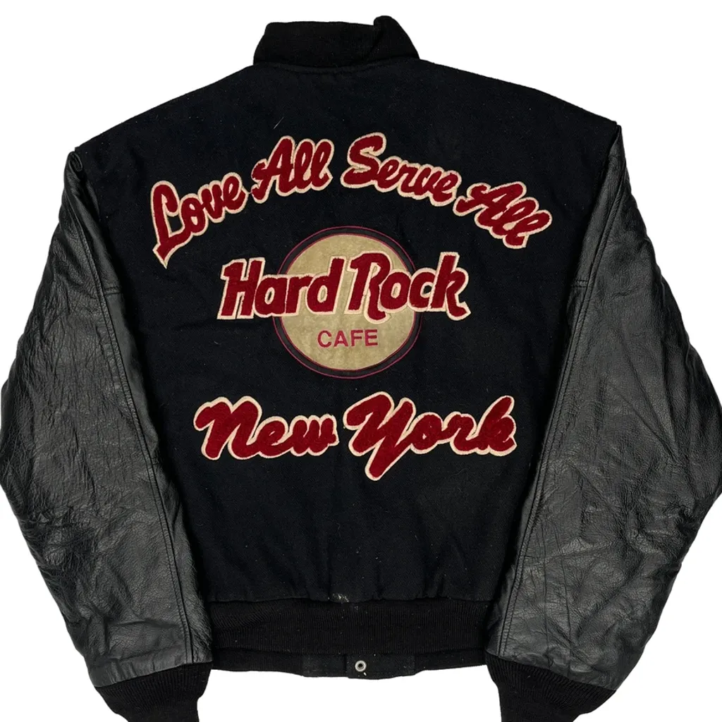Love All Serve All Hard Rock Cafe New York Varsity Jacket - Small Black Leather - Image 7