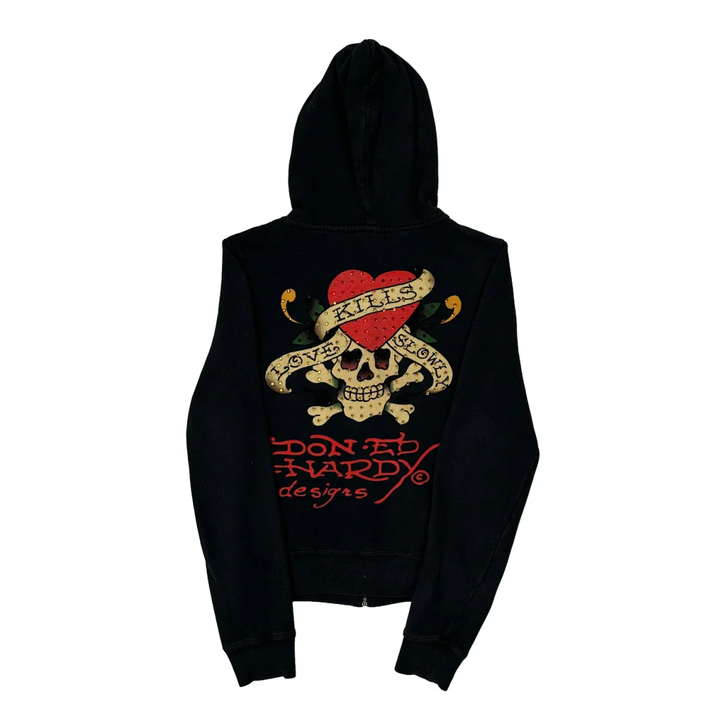 Love Kills Slowly Ed Hardy Graphic Full Zip Hoodie - Small Black Cotton - Image 2