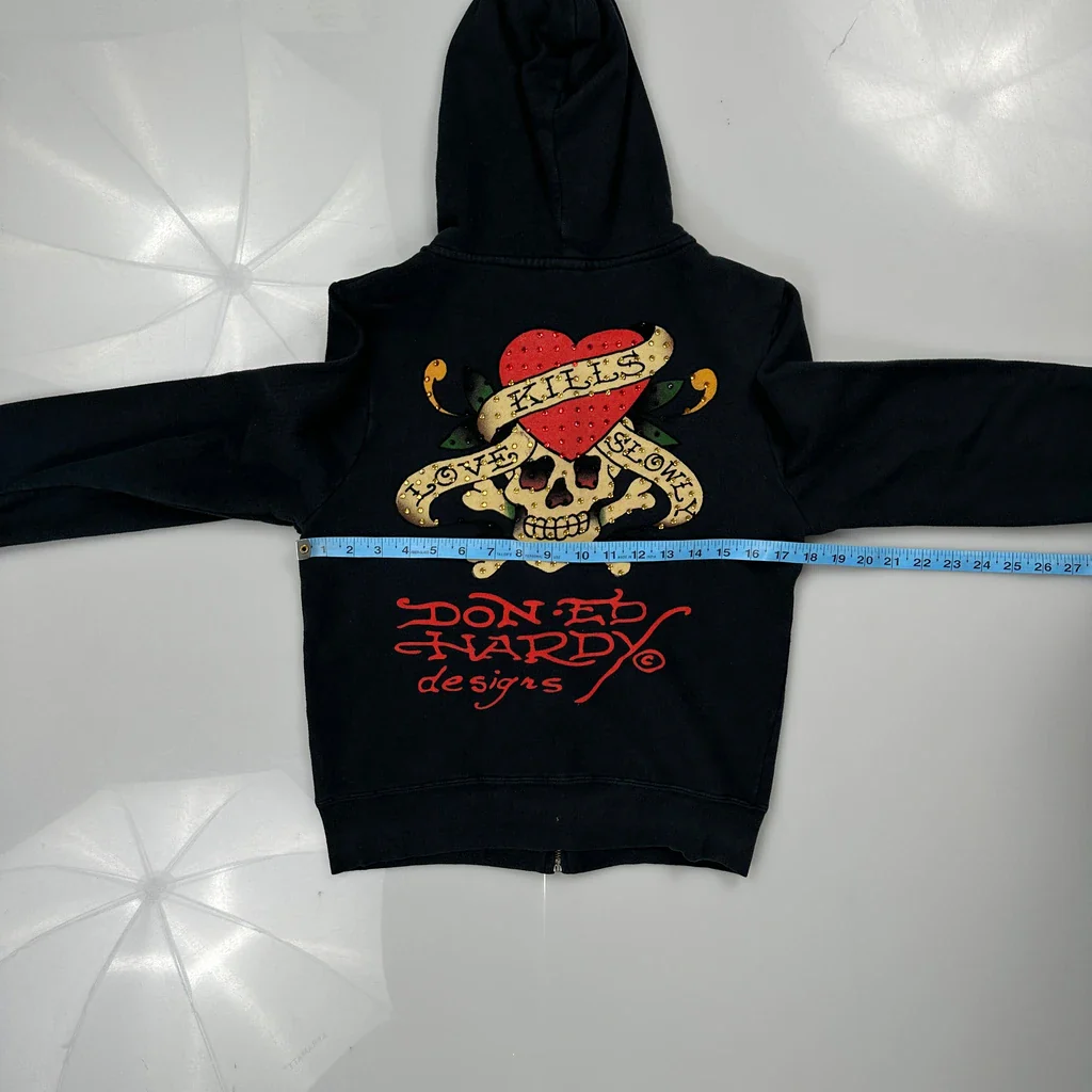 Love Kills Slowly Ed Hardy Graphic Full Zip Hoodie - Small Black Cotton - Image 3