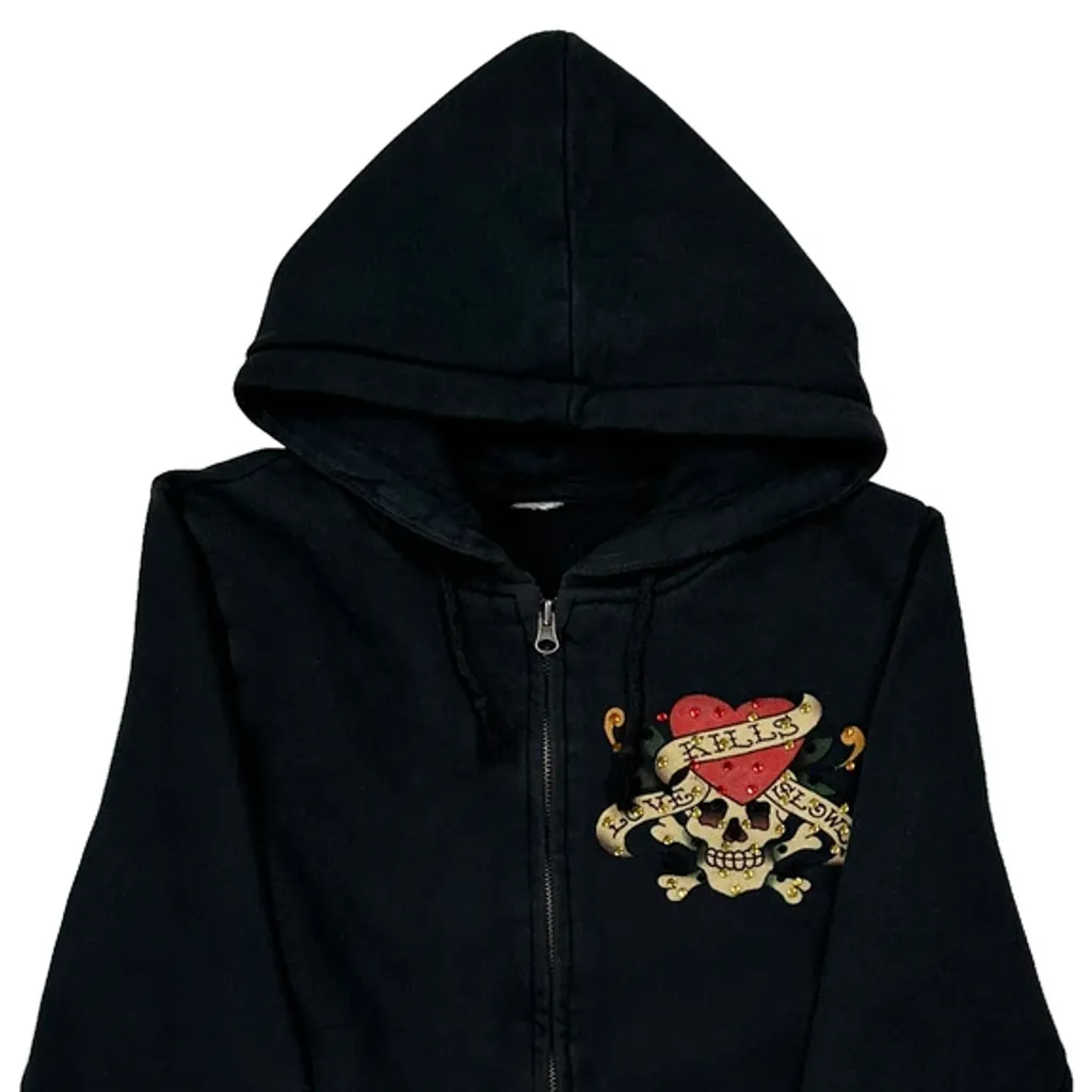 Love Kills Slowly Ed Hardy Graphic Full Zip Hoodie - Small Black Cotton - Image 4