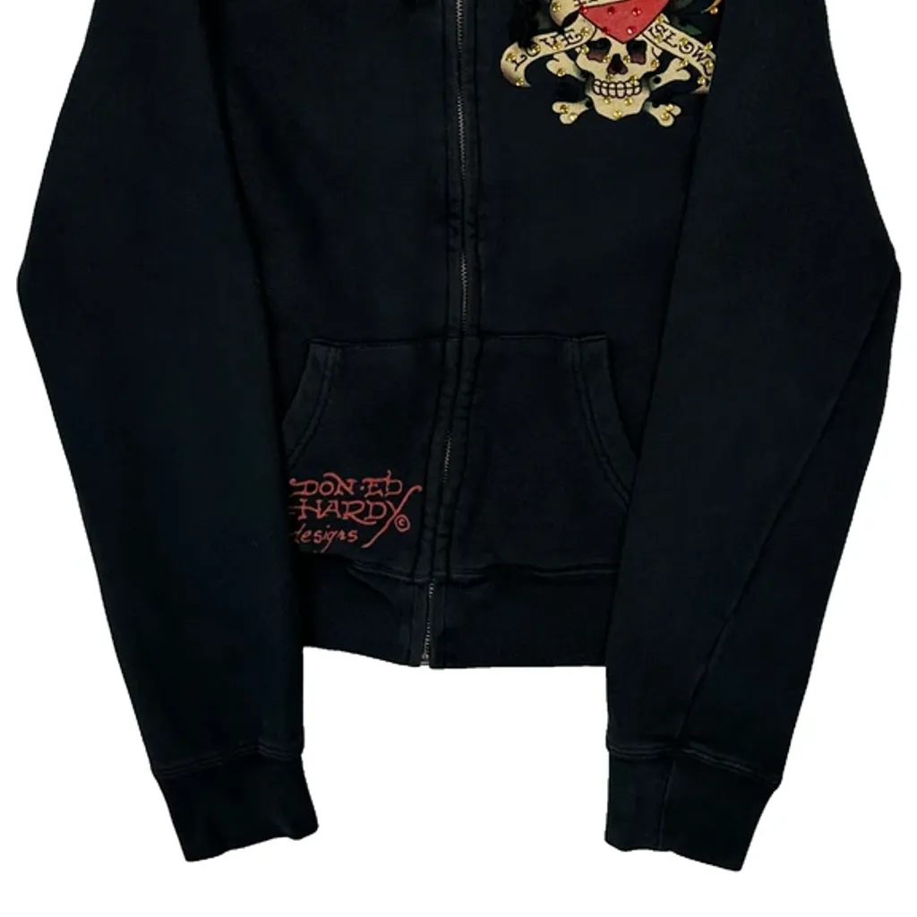 Love Kills Slowly Ed Hardy Graphic Full Zip Hoodie - Small Black Cotton - Image 5