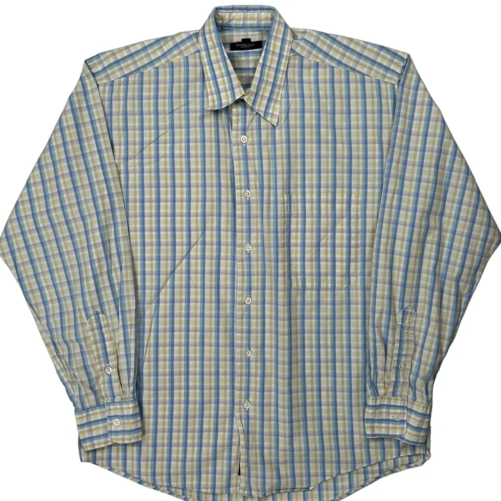 Made In USA Burberry London Checked Shirt - Medium Blue Cotton - Image 4