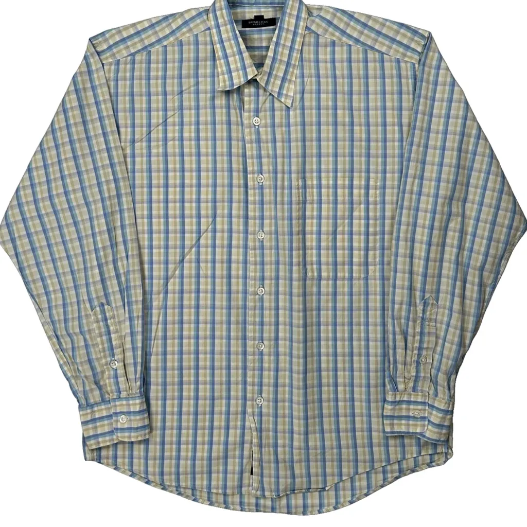 Made In USA Burberry London Checked Shirt - Medium Blue Cotton - Image 5