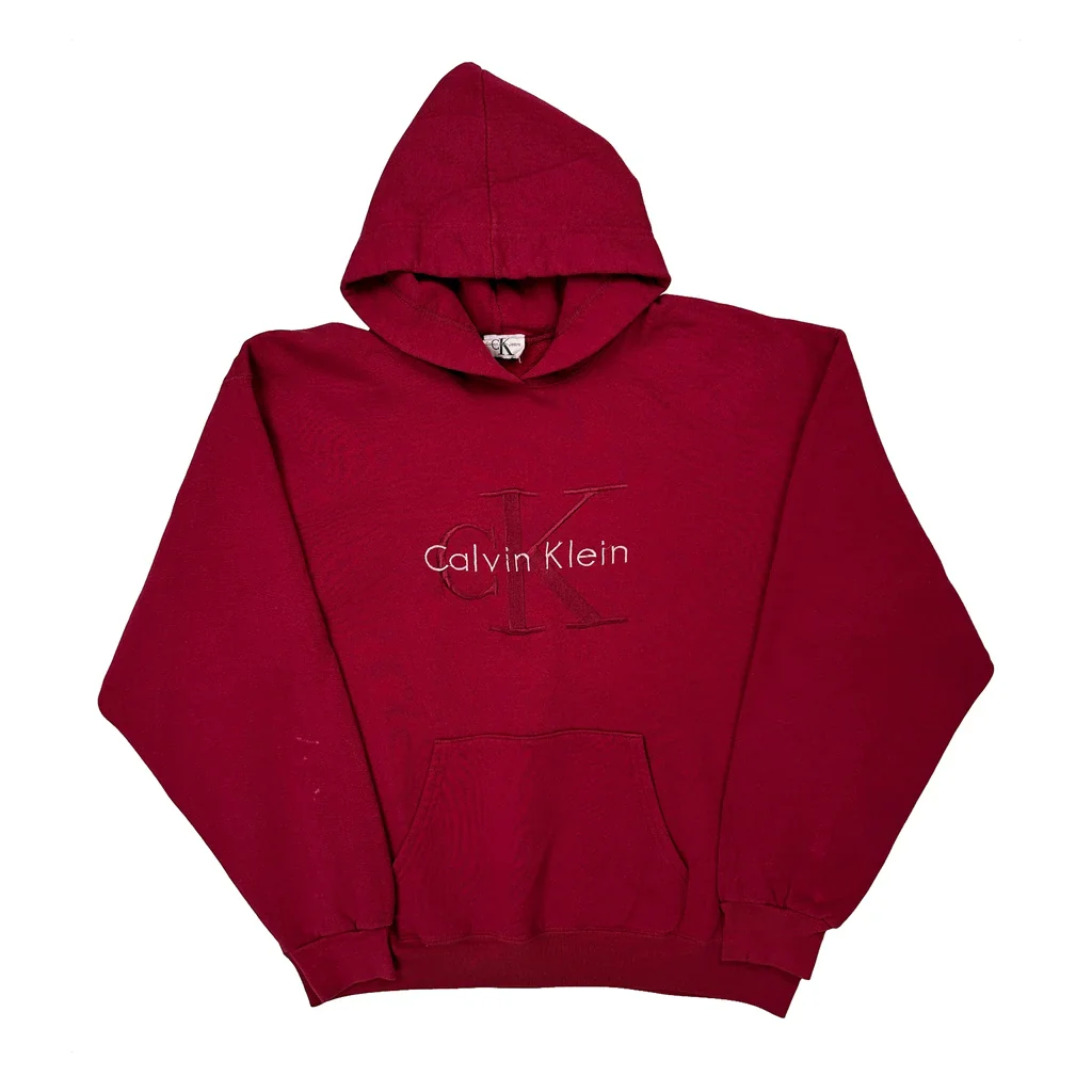 Made In USA Calvin Klein Jeans Spellout Hoodie - Large Red Cotton