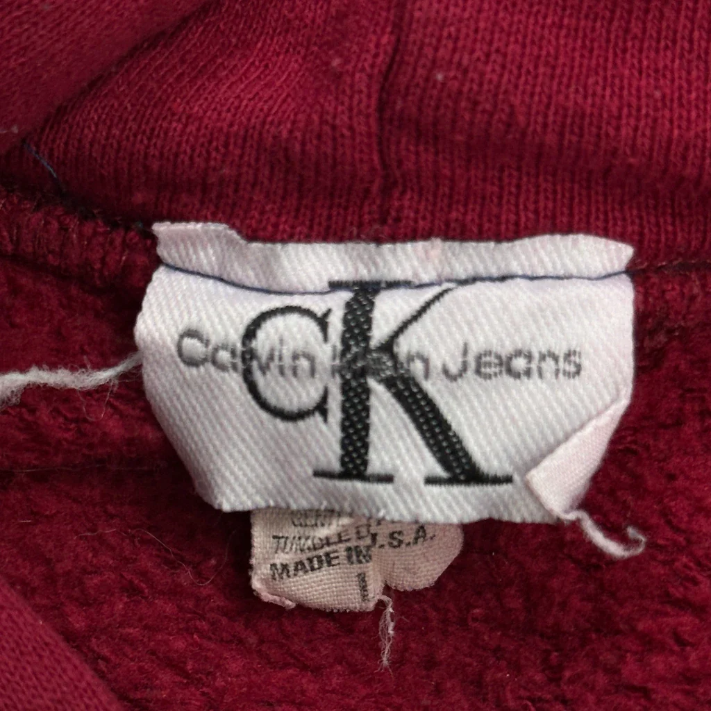 Made In USA Calvin Klein Jeans Spellout Hoodie - Large Red Cotton - Image 3