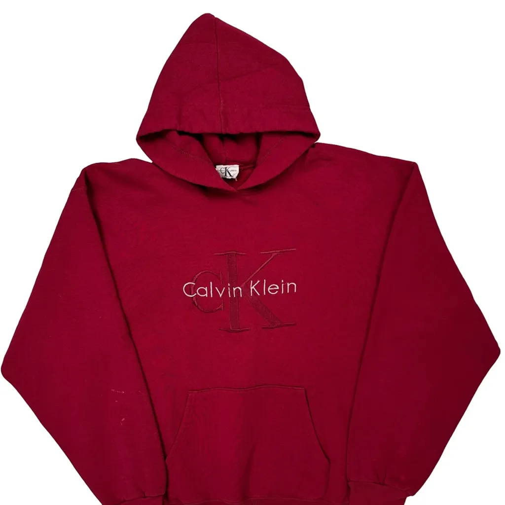 Made In USA Calvin Klein Jeans Spellout Hoodie - Large Red Cotton - Image 4