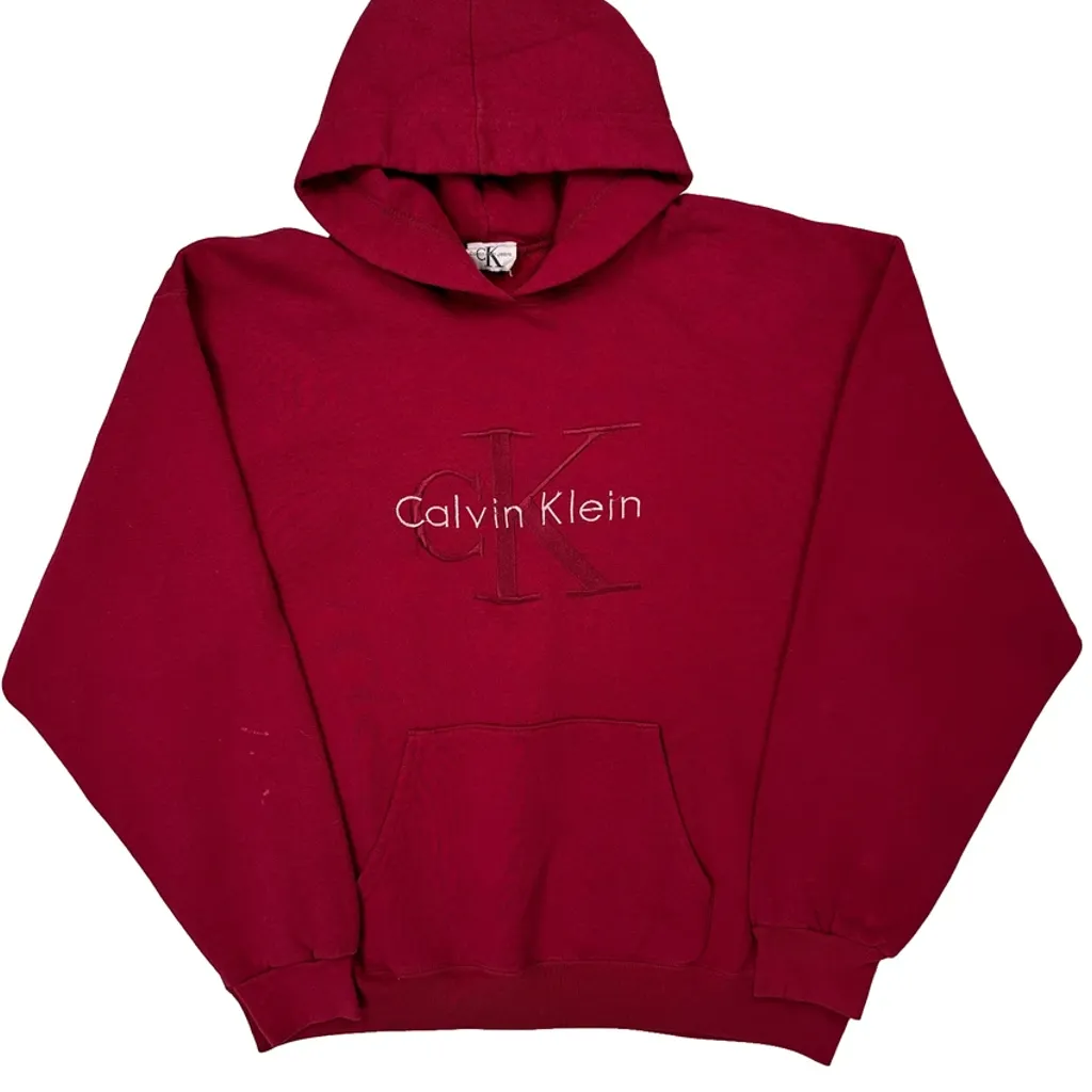Made In USA Calvin Klein Jeans Spellout Hoodie - Large Red Cotton - Image 5