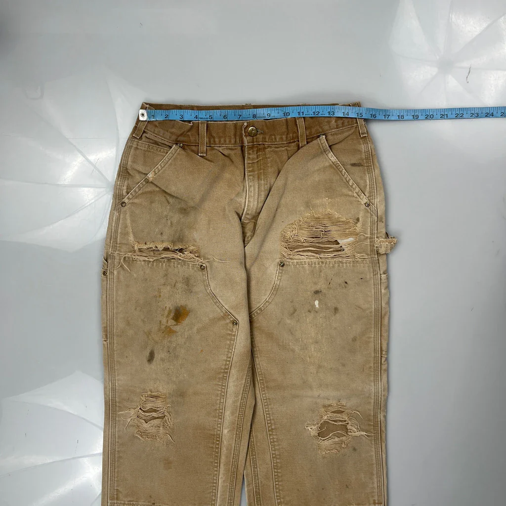 Made In USA Carhartt Double Knee Carpenter Trousers - 30W 31L Beige Cotton - Image 3