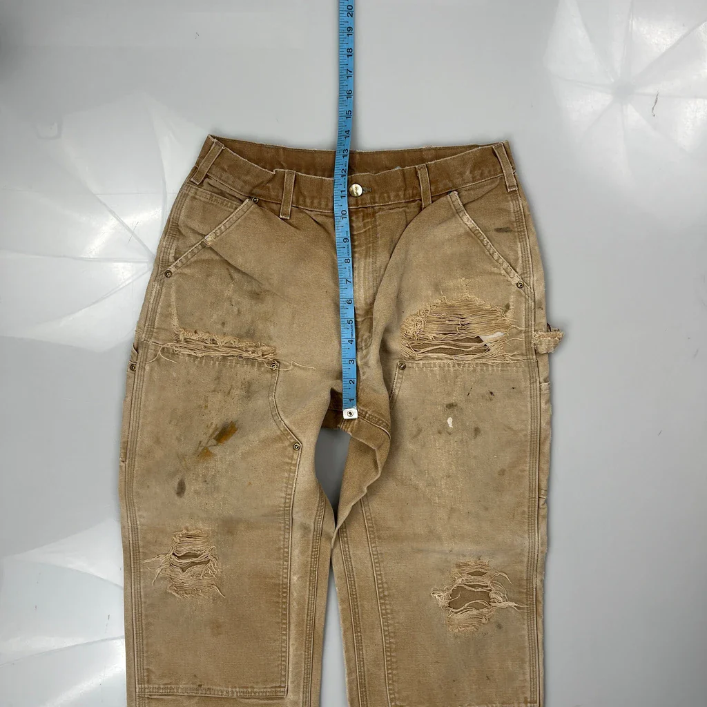 Made In USA Carhartt Double Knee Carpenter Trousers - 30W 31L Beige Cotton - Image 4