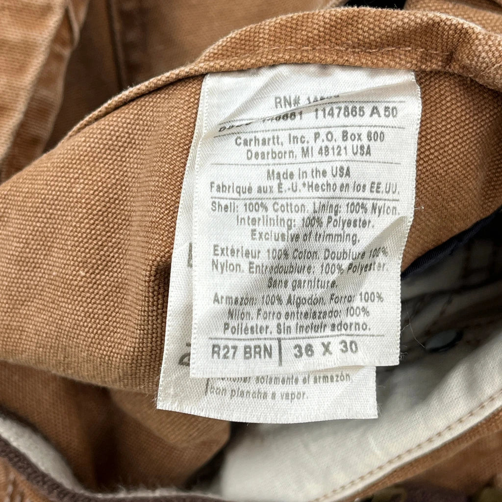 Made In USA Carhartt Double Knee Overalls - 36W 30L Brown Cotton - Image 3