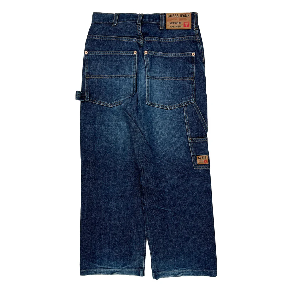Made In USA Guess Baggy Indigo Faded Carpenter Jeans - 28W 34L Blue Cotton