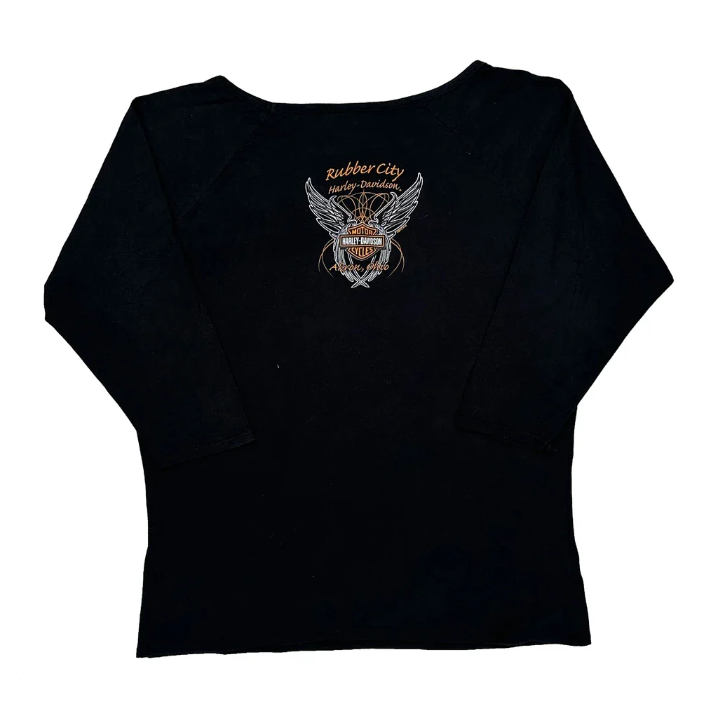 Made In USA Harley Davidson Rubber City Long Sleeve T-Shirt - Medium Black Cotton - Image 2
