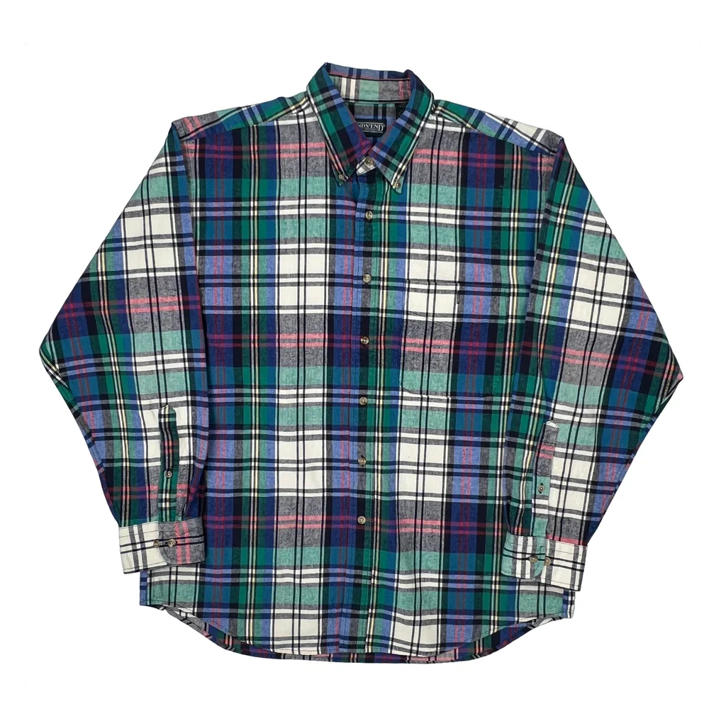 Made In USA Lands End Checked Flannel Shirt - Large Multicoloured Cotton