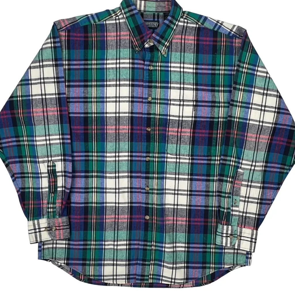 Made In USA Lands End Checked Flannel Shirt - Large Multicoloured Cotton - Image 4
