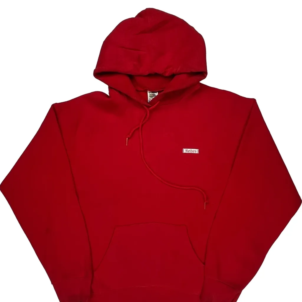 Made In USA Marlboro Fruit Of The Loom Graphic Hoodie - Large Red Cotton Blend - Image 4
