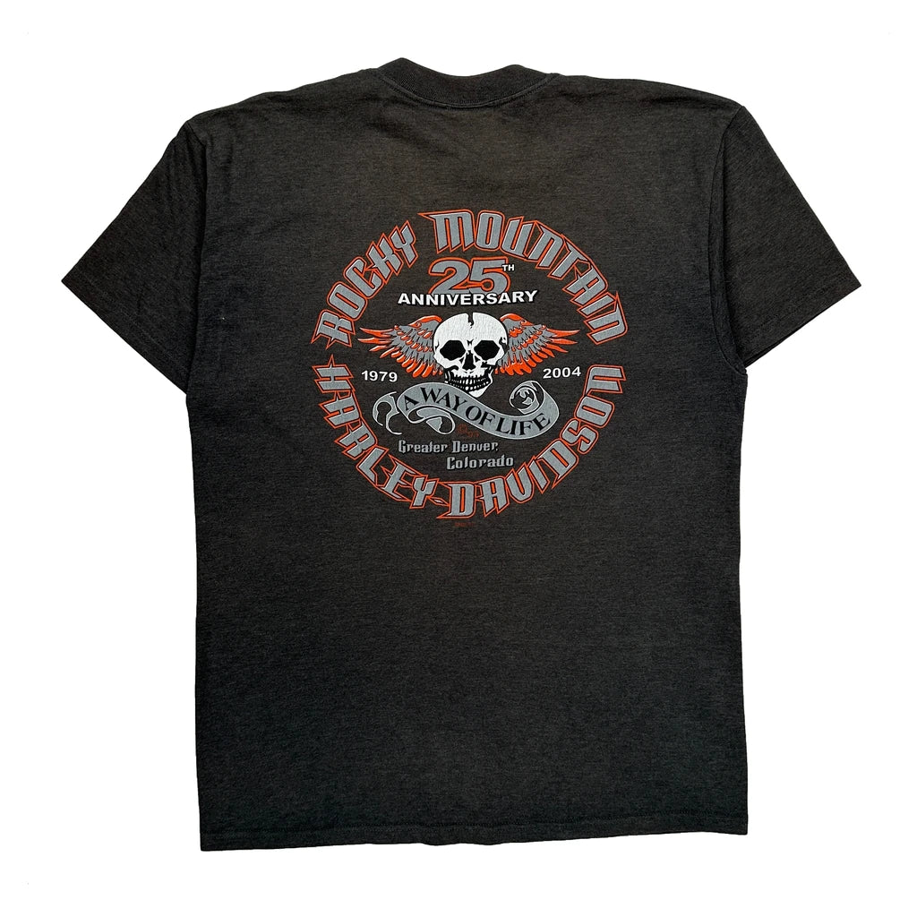 Made In USA, Rocky Mountain 25Th Anniversary Harley Davidson Graphic T-Shirt - Large Grey Cotton - Image 2