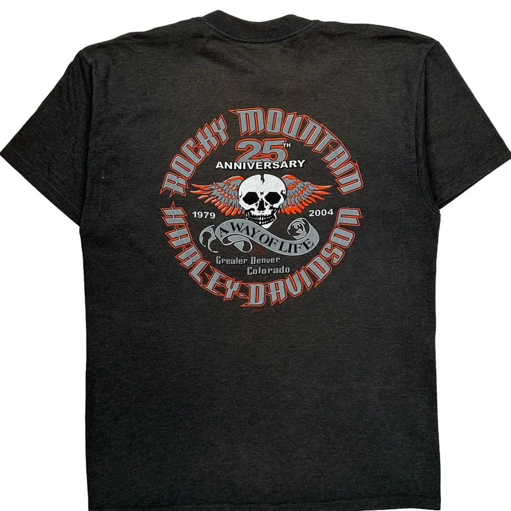 Made In USA, Rocky Mountain 25Th Anniversary Harley Davidson Graphic T-Shirt - Large Grey Cotton - Image 6