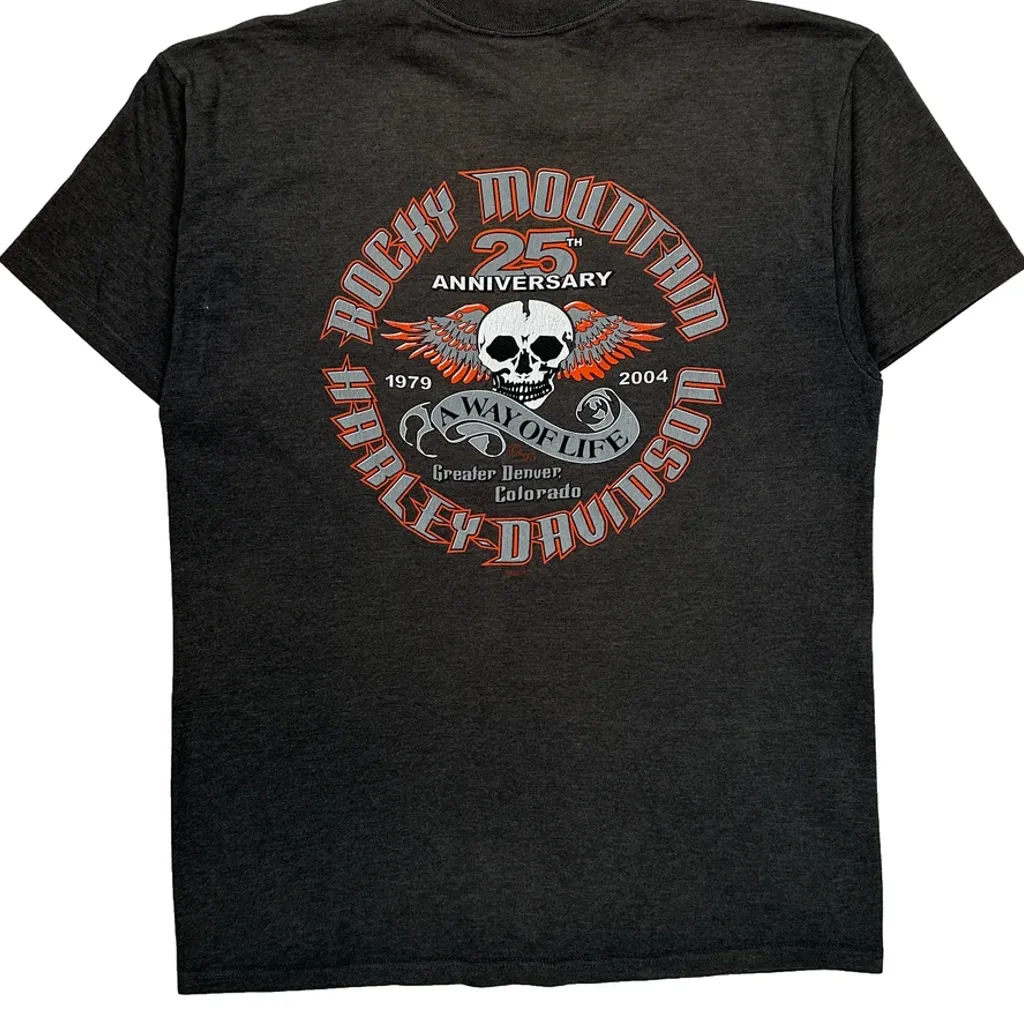 Made In USA, Rocky Mountain 25Th Anniversary Harley Davidson Graphic T-Shirt - Large Grey Cotton - Image 7