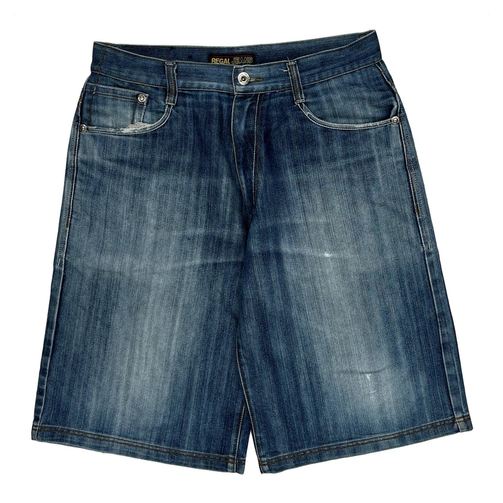 Map Design Regal Graphic Baggy Denim Shorts - 35W 12L Blue Denim - Image 2