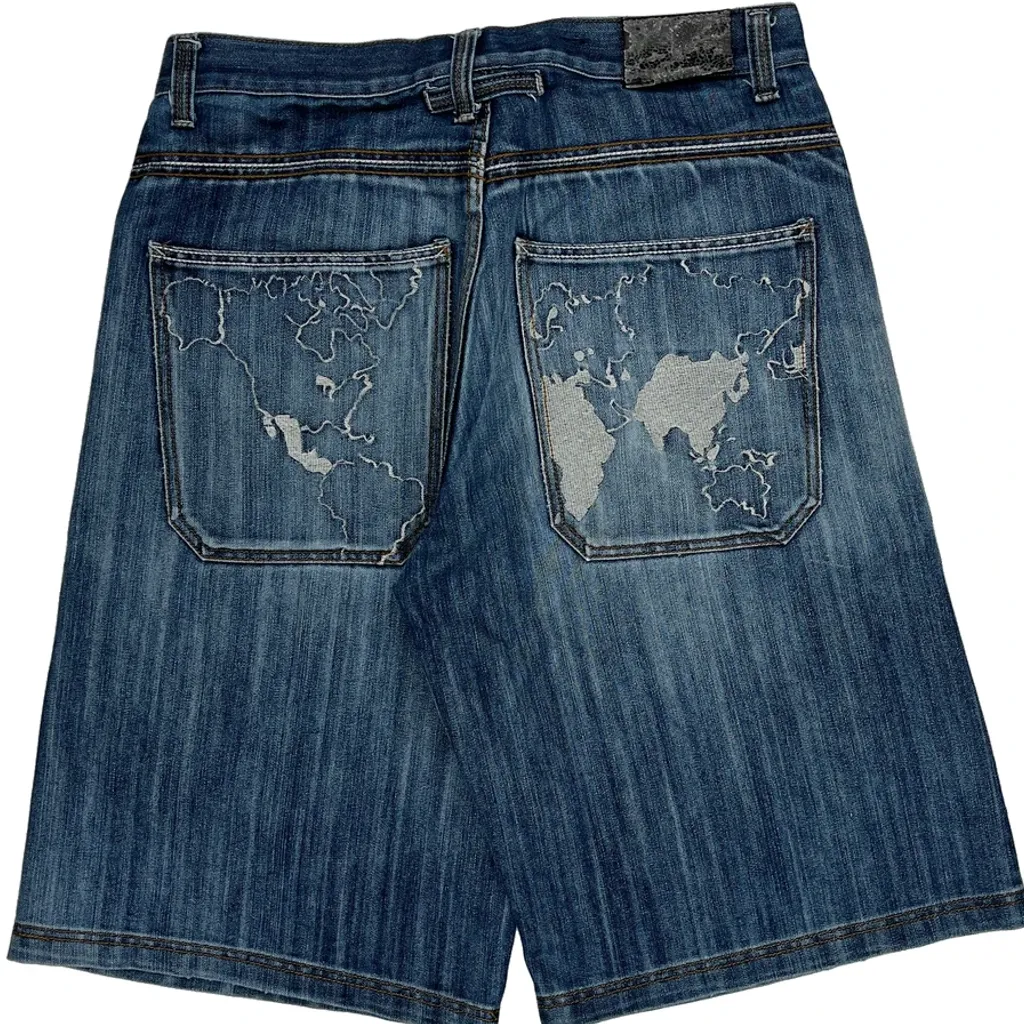Map Design Regal Graphic Baggy Denim Shorts - 35W 12L Blue Denim - Image 8