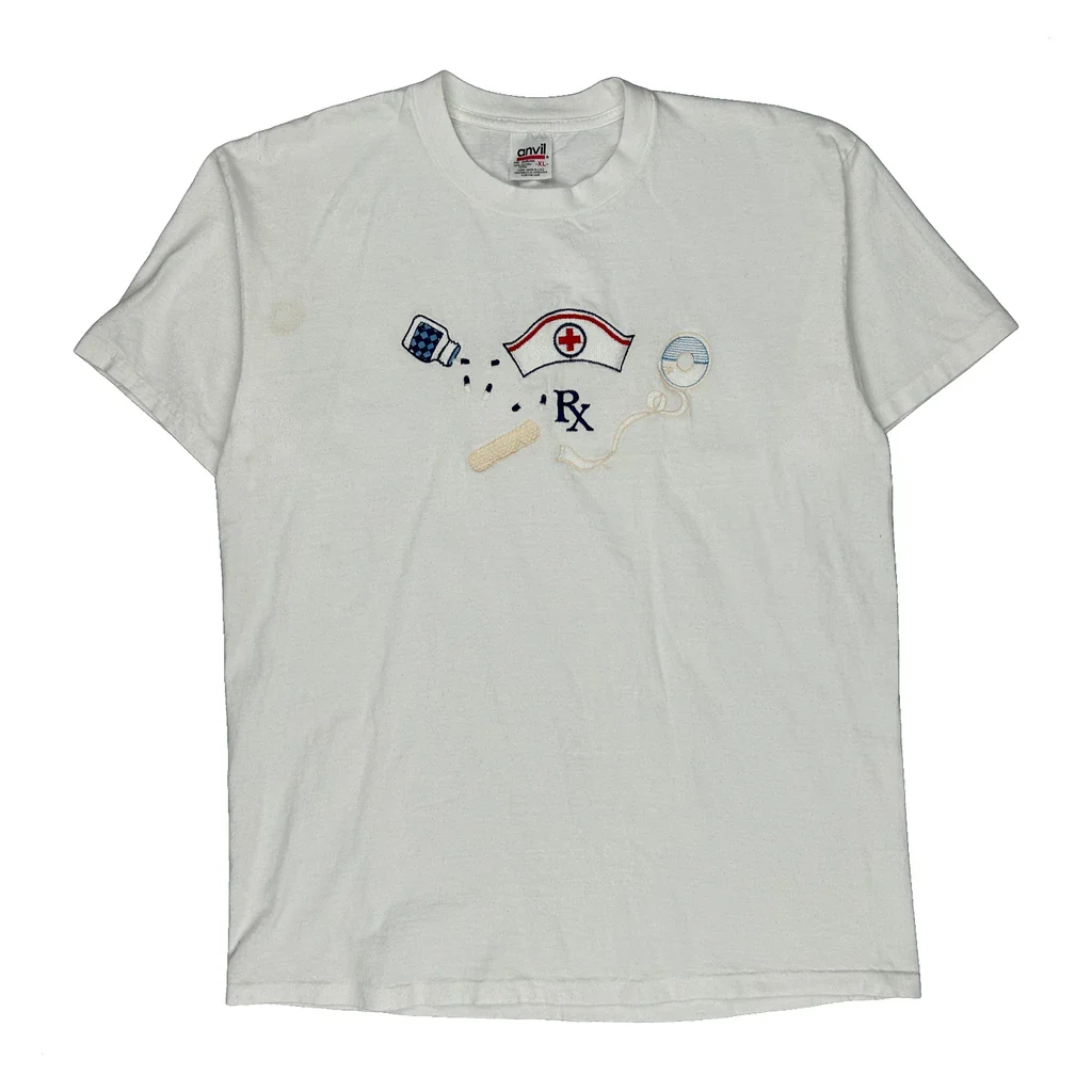 Medical Theme Anvil Graphic T-Shirt - XL White Cotton