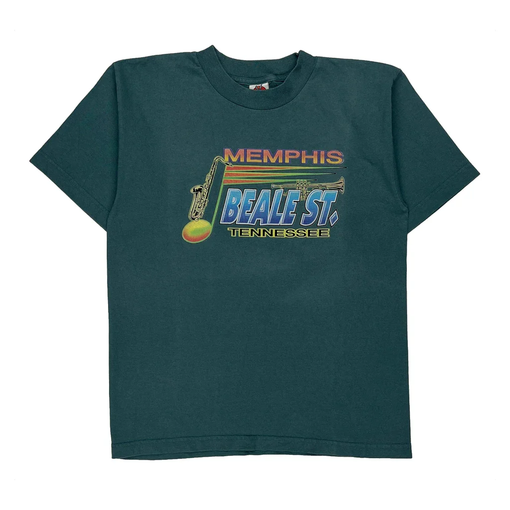 Memphis Beale St. Tennessee Looney Tunes Graphic T-Shirt - Medium Green Cotton