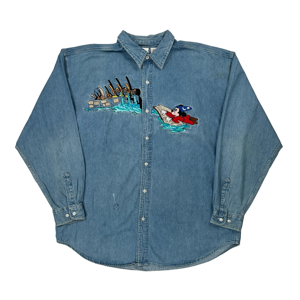 Mickey Mouse Disney Cartoon Denim Shirt - XL Blue Cotton