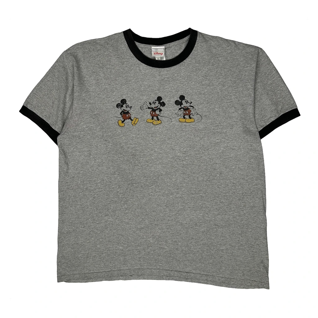 Mickey Mouse Disney Ringer Cartoon T-Shirt - XL Grey Cotton Blend