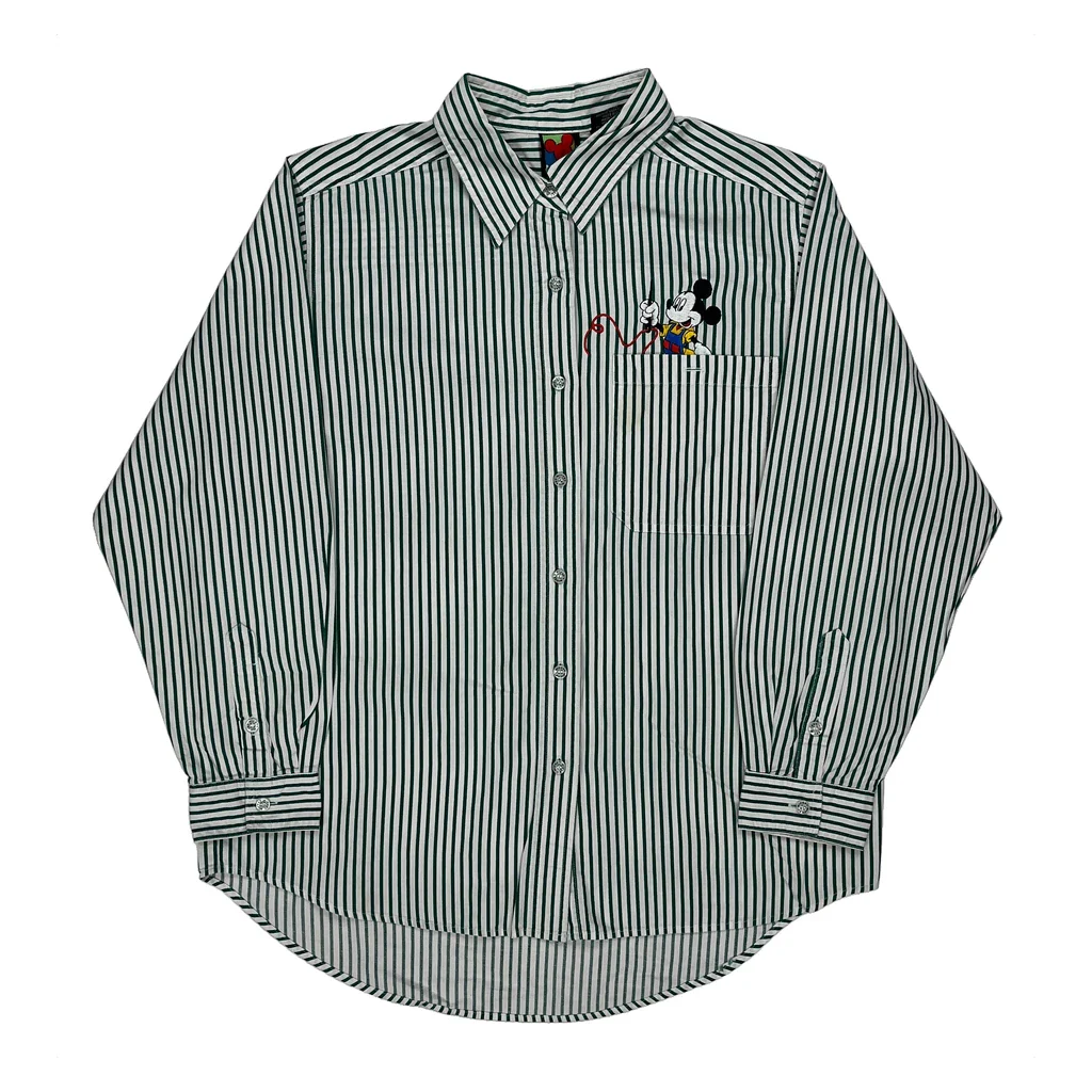 Mickey Mouse Embroidery Mickey Unlimited Striped Shirt - Medium Green Cotton