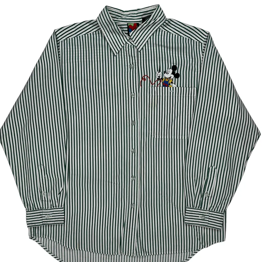 Mickey Mouse Embroidery Mickey Unlimited Striped Shirt - Medium Green Cotton - Image 4