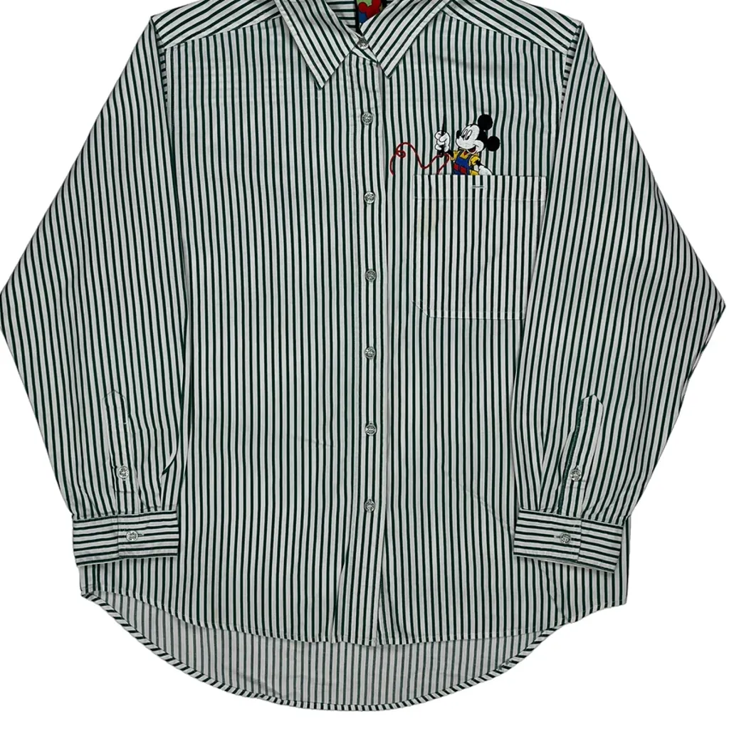 Mickey Mouse Embroidery Mickey Unlimited Striped Shirt - Medium Green Cotton - Image 5