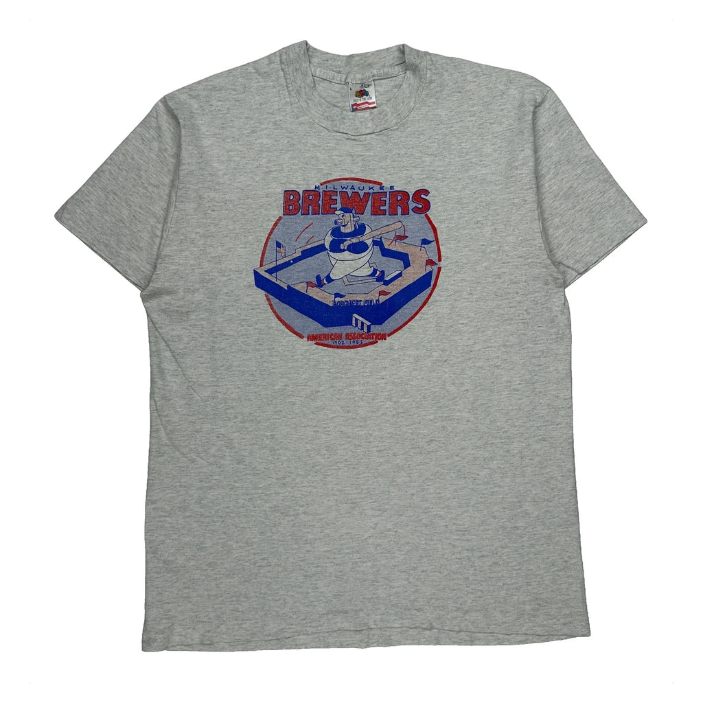 Milwaukee Brewers Fruit Of The Loom Single Stitch T-Shirt - Large Grey Cotton