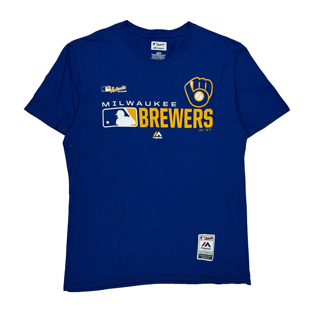 Milwaukee Brewers Majestic Mlb T-Shirt - Medium Blue Cotton