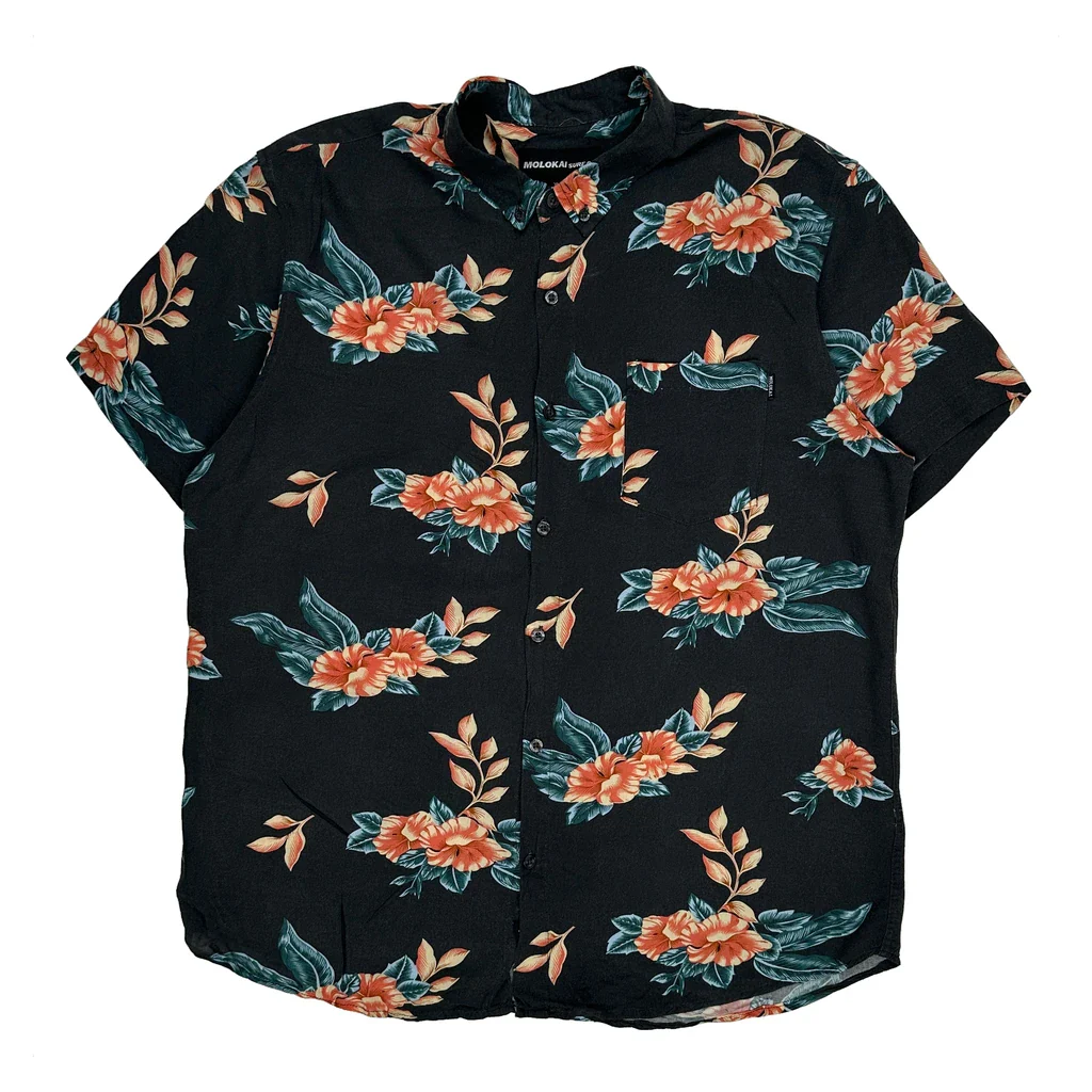 Molokai Surf Floral Hawaiian Shirt - XL Black Cotton