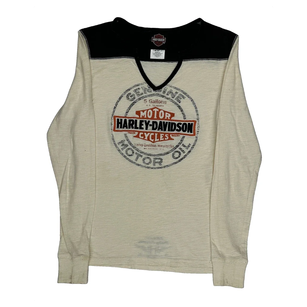 Motor Oil Harley Davidson Long Sleeve T-Shirt - Small Cream Cotton