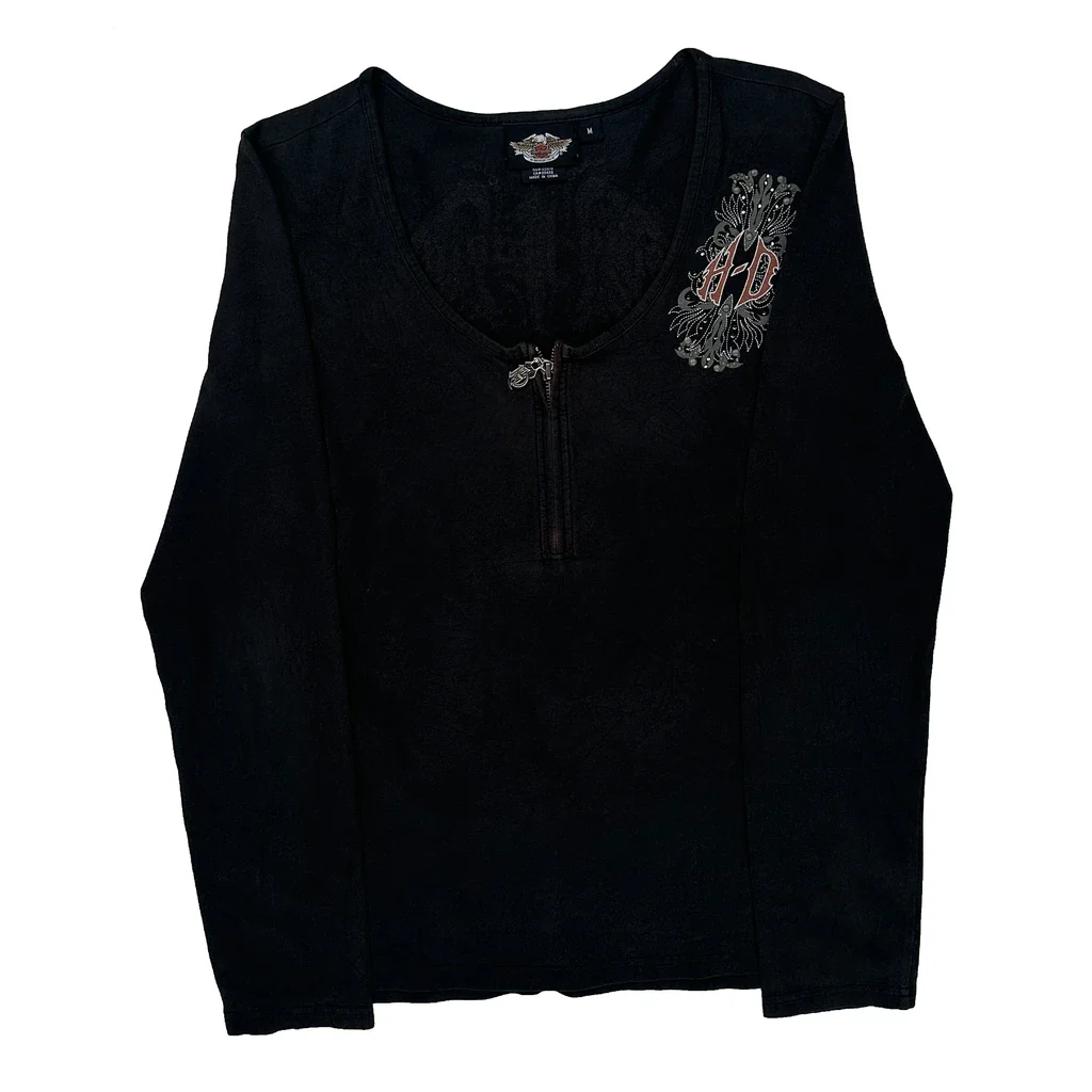 Motorcycle Harley Davidson Graphic Long Sleeve T-Shirt - Medium Black Cotton