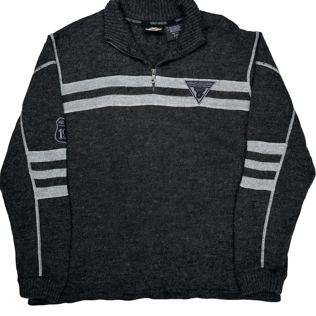 Motorcycles Harley Davidson Striped 1/4 Zip - XL Gray Wool Blend - Image 4