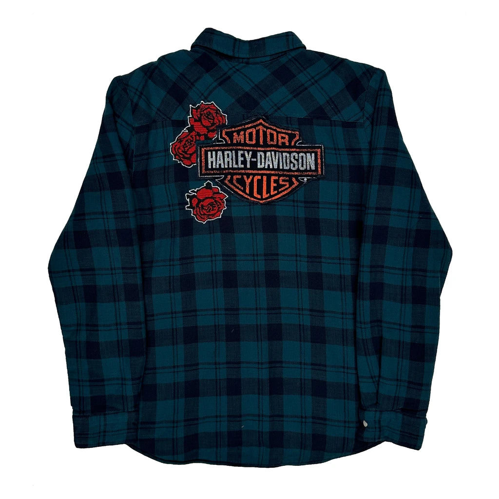 Motorcycles Harley Davidson Checked Flannel Shirt - Large Blue Cotton - Image 2