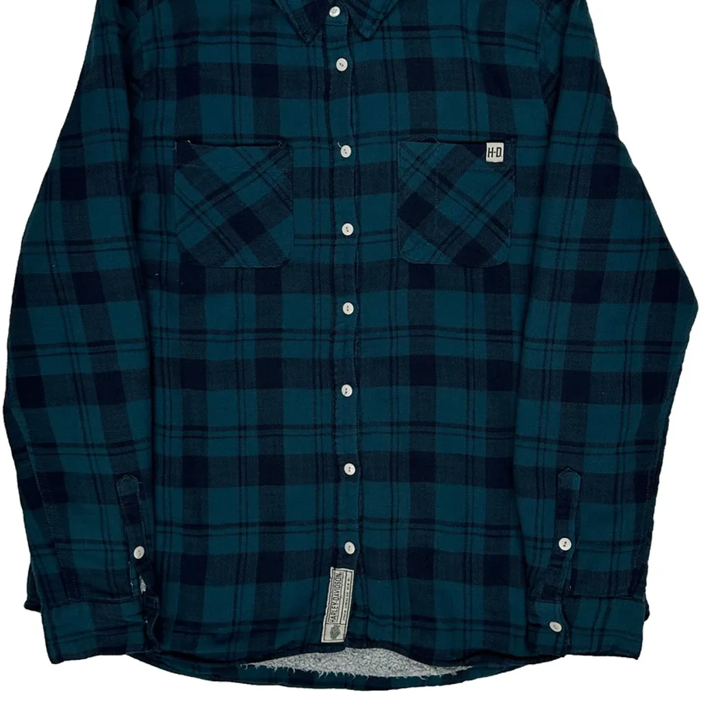 Motorcycles Harley Davidson Checked Flannel Shirt - Large Blue Cotton - Image 5
